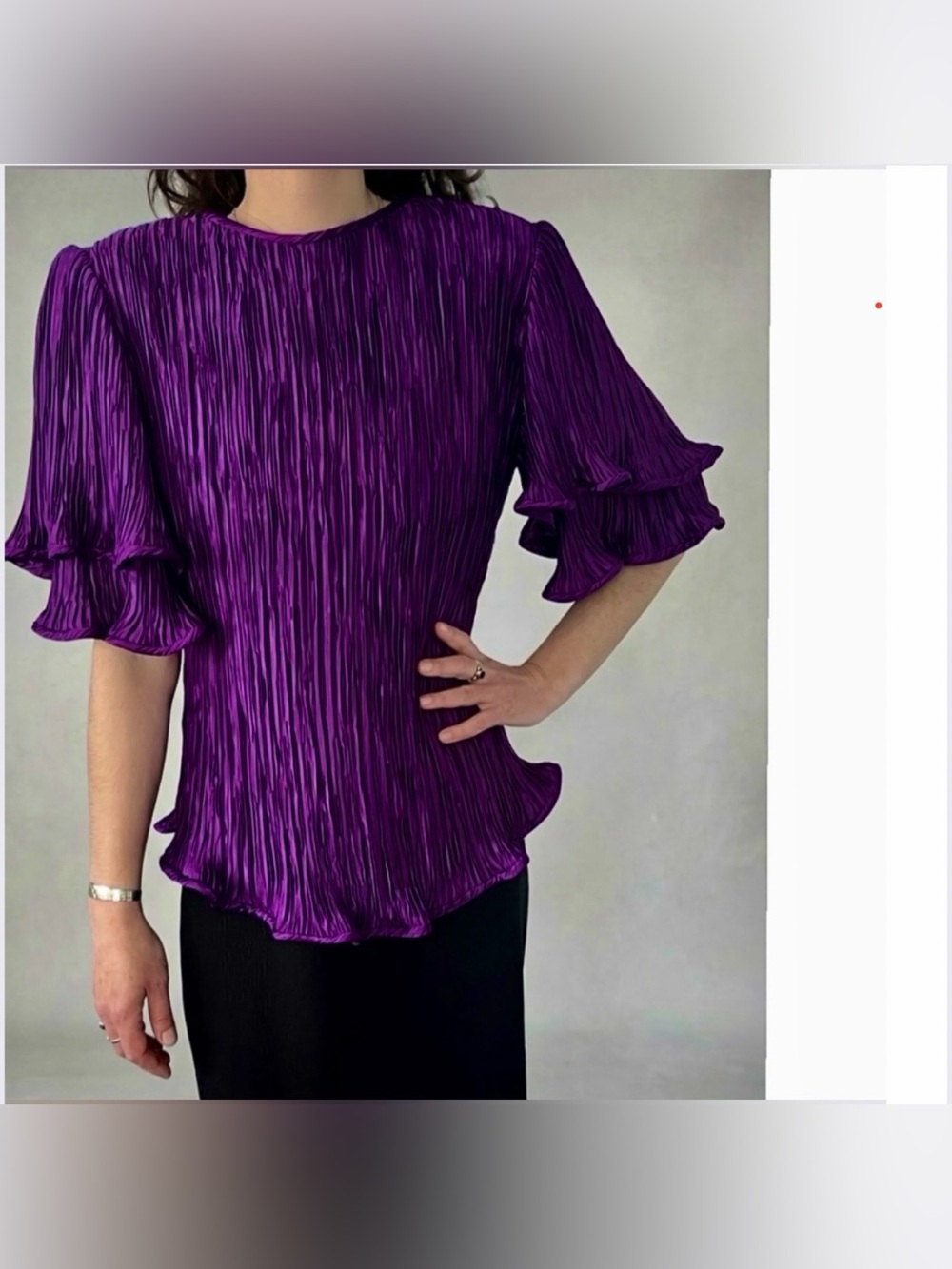 🇨🇦Vintage 90s Crinkled Shiny Deep Purple Top- Ruffled Hem & Sleeves - 4 seasons